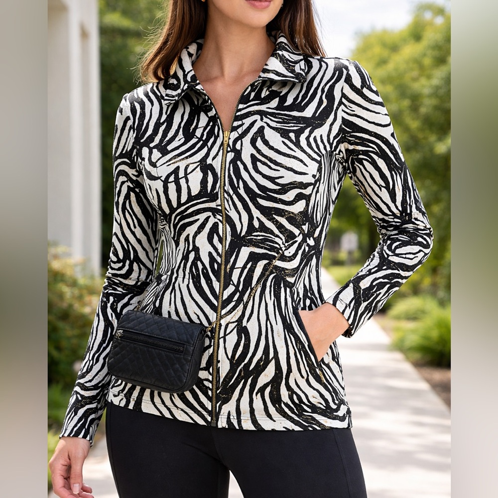 JM Collection Zebra Print Sport Jacket Gold Accent Zip Up Size M